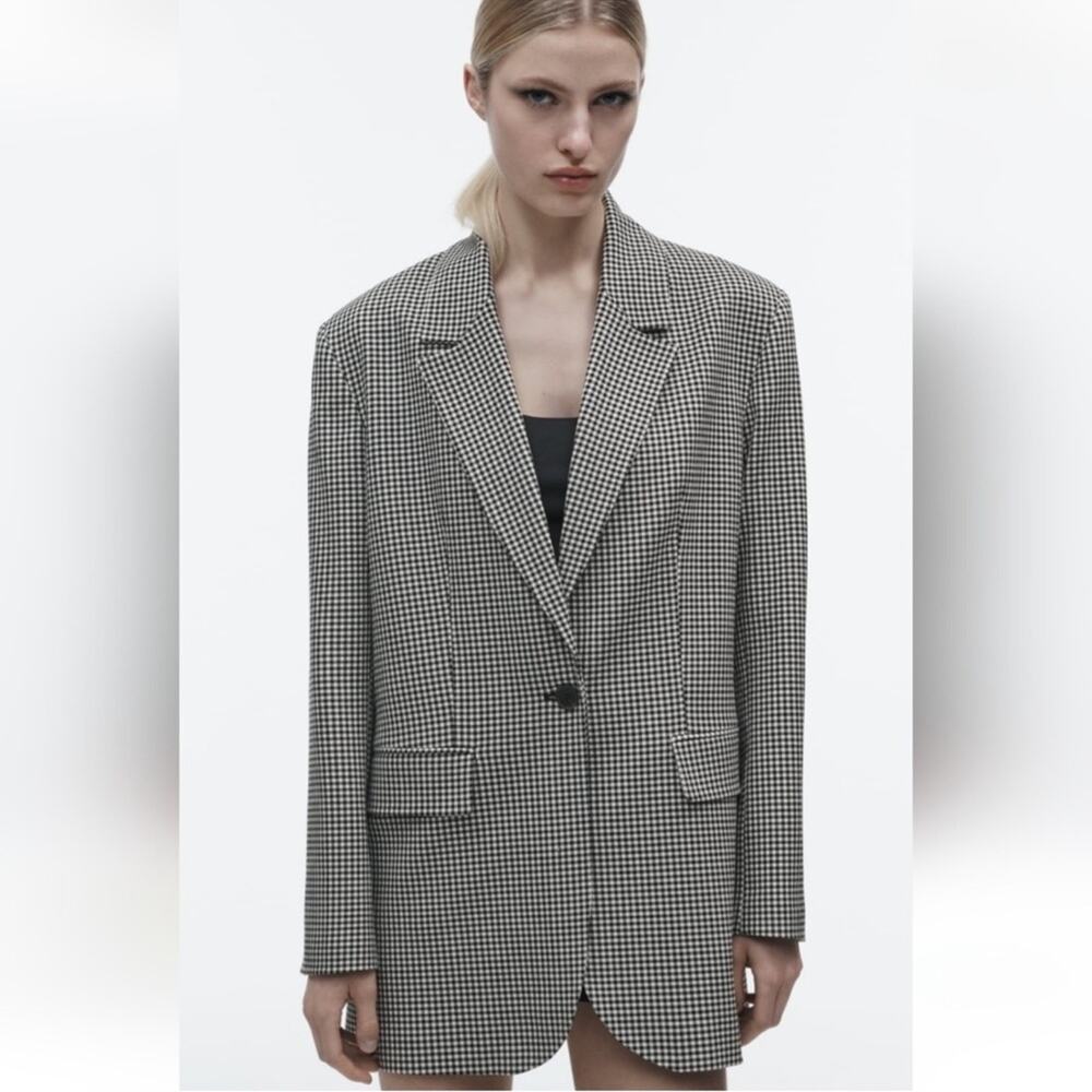 Zara Blazer Black and White Gingham Straight Cut Blazer - Picture 10 of 10